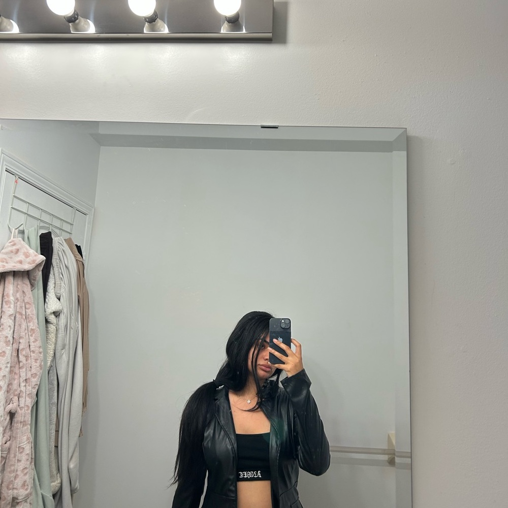 Prettylittlething long leather fitted jacket